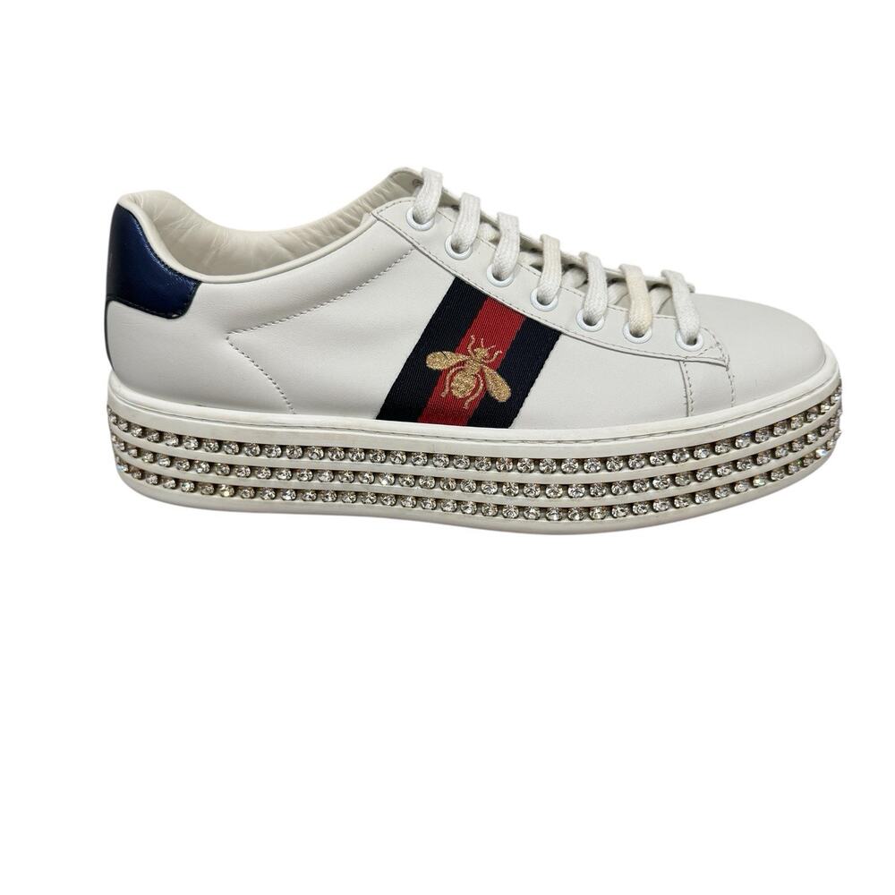 Gucci Ace Platform Sneakers Crystal Embellished Leather Size 37 - Picture 4 of 16